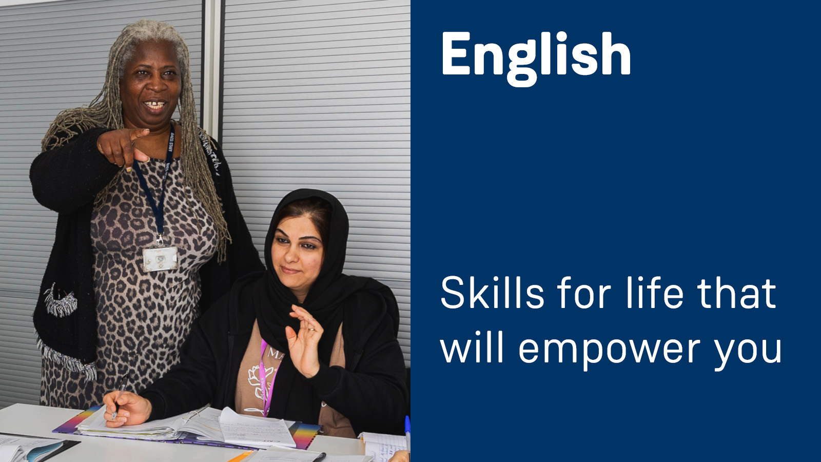 Woman improving her English in an adult education classroom